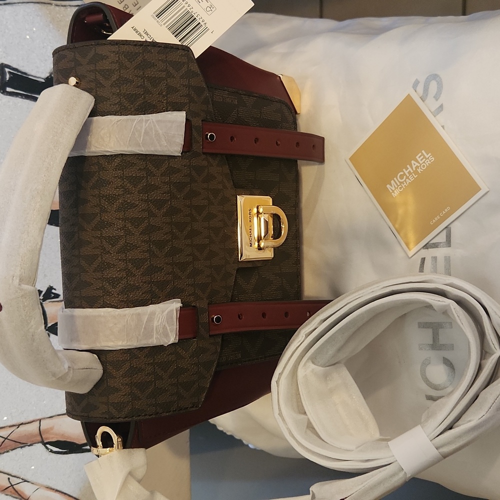 Michael Kors Dark Cherry and Brown Signature Leather Satchel/Crossbody NWT - Picture 9 of 9